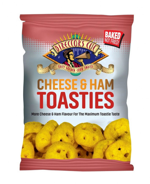 Director’s Cut Cheese & Ham Toasties Crisps – rich cheese & smoky ham flavour on thick-cut crisps. Vegetarian-friendly 50 g bags.