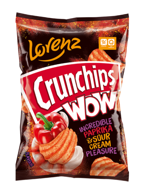Lorenz Crunchips Wow Paprika & Sour Cream 12 × 80 g — extra-crunchy ridged crisps blending spicy paprika with creamy sour cream flavour. Premium Lorenz snack.