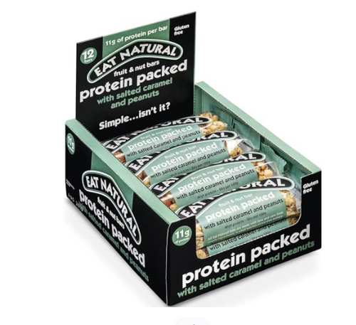 Eat Natural Protein Packed Peanut & Salted Caramel Bars 12 x 40 g — high-protein snack with roasted peanuts, soy crispies, and salted caramel. Bulk case, gluten-free recipe.