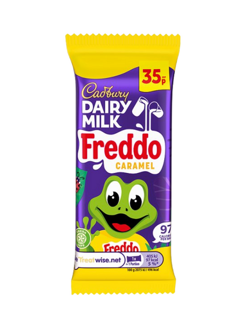 Cadbury Freddo Caramel – milk chocolate frog with soft golden caramel centre. Vegetarian-friendly 18 g bars (price-marked). Cadbury Freddo Caramel – milk chocolate frog with soft golden caramel centre. Vegetarian-friendly 18 g bars (price-marked).