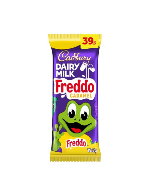 Cadbury Freddo Caramel – milk chocolate frog with soft golden caramel centre. Vegetarian-friendly 18 g bars (price-marked).