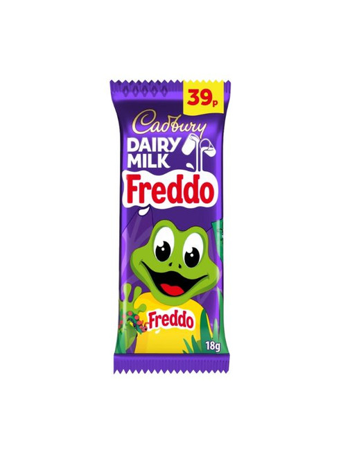 Cadbury Freddo – classic milk chocolate frog bar made with smooth Cadbury Dairy Milk. Vegetarian-friendly 18 g bars (price-marked).