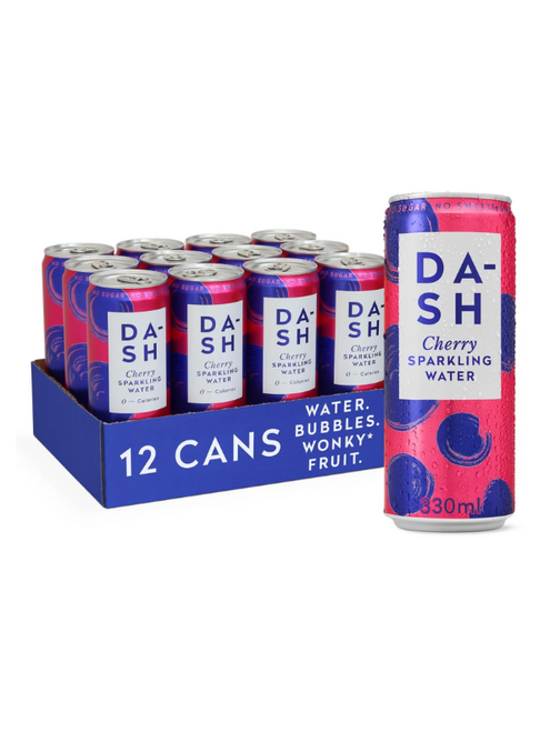 Dash Cherry Sparkling Water 12 x 330 ml — crisp sparkling spring water with real cherry infusion. Zero calories, no sugar, vegan-friendly. Dash Cherry Sparkling Water 12 x 330 ml — crisp sparkling spring water with real cherry infusion. Zero calories, no sugar, vegan-friendly.