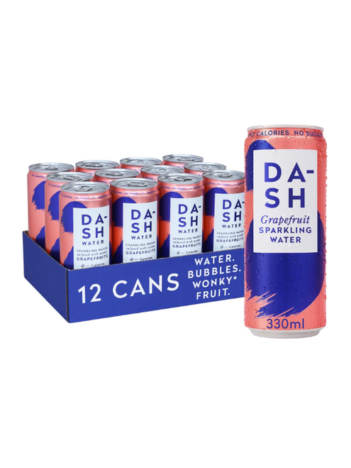 Dash Grapefruit Sparkling Water 12 x 330 ml — crisp sparkling spring water infused with real grapefruit. Zero calories, no sugar, vegan-friendly. Dash Grapefruit Sparkling Water 12 x 330 ml — crisp sparkling spring water infused with real grapefruit. Zero calories, no sugar, vegan-friendly.