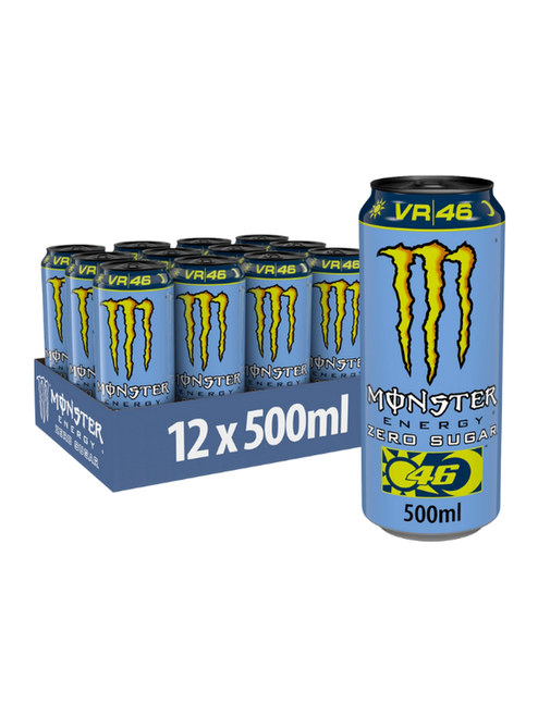 Monster Energy Rossi VR|46 Zero Sugar 12 x 500 ml — crisp citrus-inspired flavour with zero sugar. Low calorie, high caffeine, with Monster’s full energy blend. Bulk case in stock.
