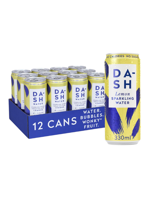 Dash Lemon Sparkling Water – crisp British sparkling spring water infused with real wonky lemons. Zero sugar, zero calories, and 100% recyclable cans.