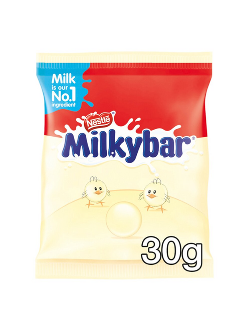 Nestlé Milkybar White Chocolate Buttons 48 x 30 g — creamy white chocolate buttons made with real milk. Bulk case, perfect for resale or stocking up.