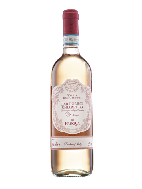 Villa Borghetti Chiaretto di Bardolino Rosé – 1 × 75 cl. Light and elegant Italian rosé with strawberry and cherry notes. Vegan-friendly and ideal for summer service.