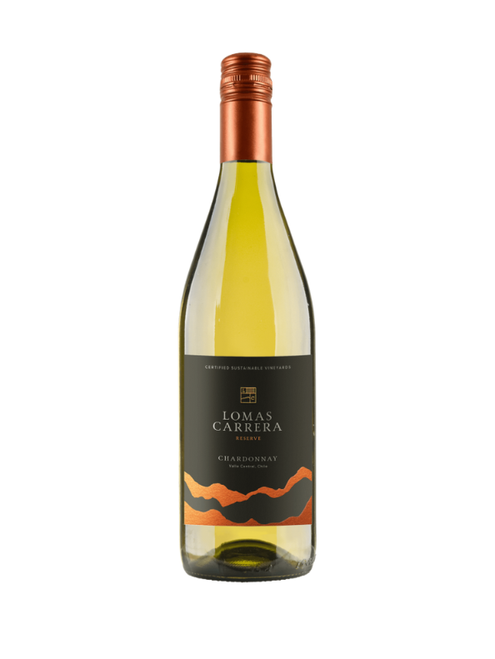 Lomas Carrera Chardonnay – 1 × 75 cl. Fresh Chilean white wine with citrus, apple, and soft peach notes. Vegan-friendly and ideal as a house white.