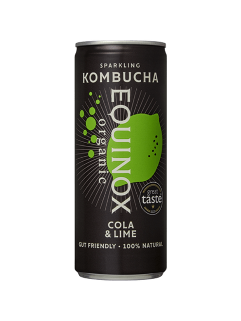 Equinox Organic Kombucha Cola & Lime – 12 × 250ml cans. Craft-brewed, lightly sparkling kombucha with natural cola and lime flavour. Vegan, gluten-free, and contains live cultures.