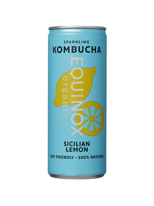 Equinox Sicilian Lemon Organic Kombucha – 12 × 250ml cans. Craft-brewed, lightly sparkling kombucha with natural cola and lime flavour. Vegan, gluten-free, and contains live cultures.