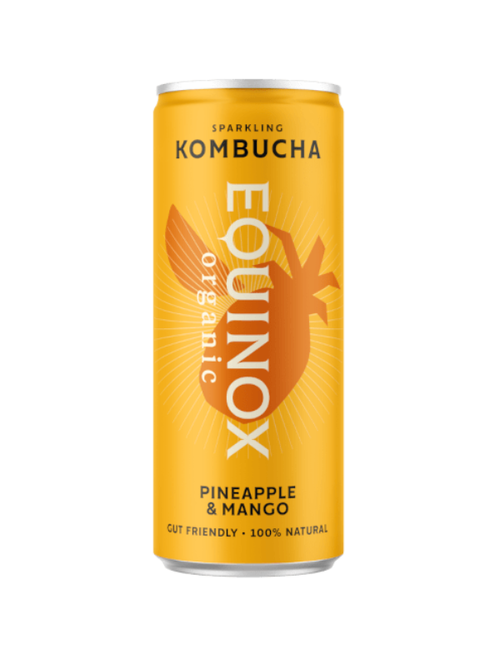 Equinox Pineapple & Mango Organic Kombucha – 12 × 250ml cans. Craft-brewed, lightly sparkling kombucha with natural cola and lime flavour. Vegan, gluten-free, and contains live cultures.