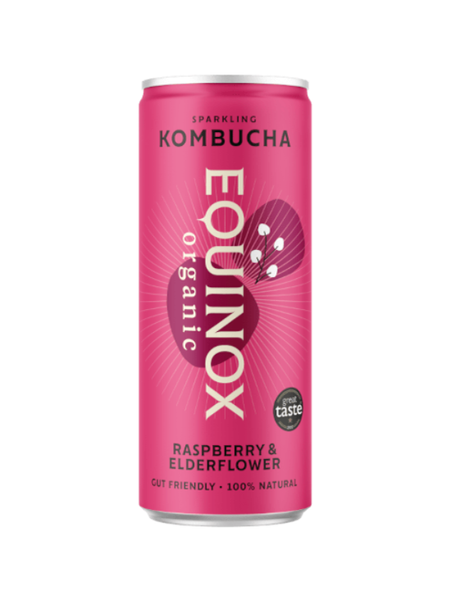 Equinox Raspberry & Elderflower Organic Kombucha – 12 × 250ml cans. Craft-brewed, lightly sparkling kombucha with natural cola and lime flavour. Vegan, gluten-free, and contains live cultures.