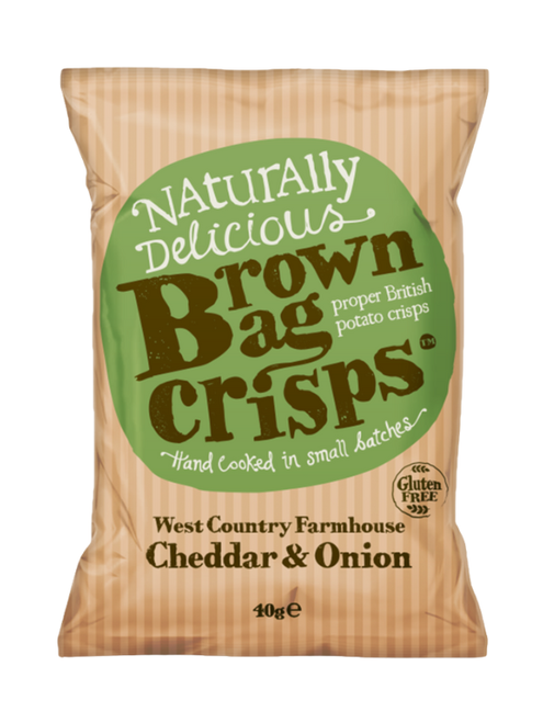 Brown Bag Crisps Cheese & Onion – 20 × 40 g. Rich, savoury hand-cooked crisps with classic cheese and onion seasoning. Gluten-free and vegetarian-friendly.
