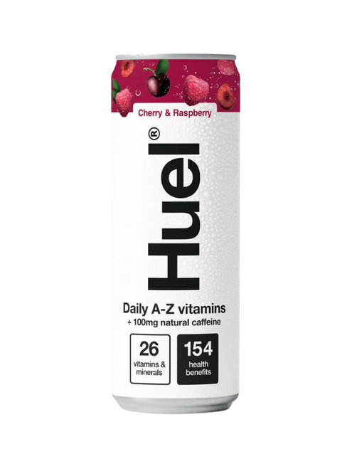 Huel Daily A-Z Sparkling Cherry & Raspberry 12 x 330 ml — multivitamin energy drink with 27 vitamins & minerals. Zero sugar, 40 kcal, 166 mg caffeine.