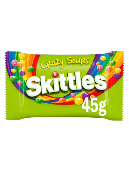 Skittles Crazy Sours Standard Bags 36 x 45 g — tangy sour fruit chewy sweets with sugar shells. Bulk case, perfect for resale or snacking.