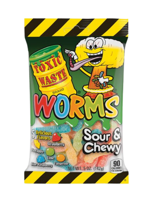 Toxic Waste Sour Gummy Worms 12 x 142 g — fruity chewy worms with an extreme sour coating. Bulk case, perfect for resale, novelty ranges, and stocking up.