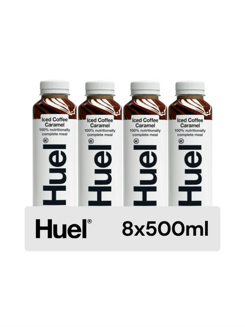 Huel Ready-to-Drink Iced Coffee Caramel (8 x 500 ml) — balanced nutrition with 20 g protein, fibre & 26 vitamins & minerals. Real coffee flavour with caramel sweetness.
