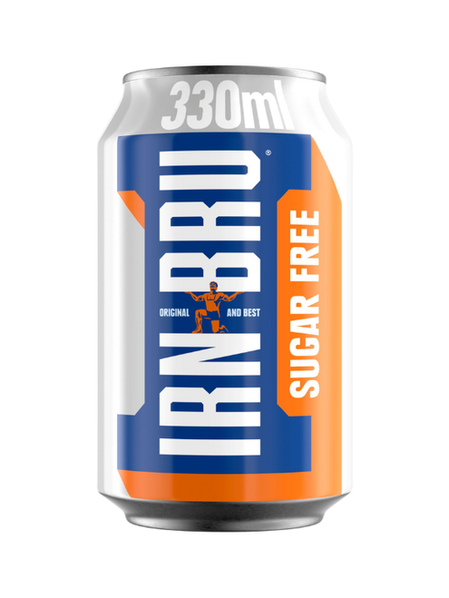 IRN-BRU Sugar Free – same bold flavour, zero sugar. Classic Scottish sparkling drink with caffeine and unique taste. Gluten-free and recyclable 330 ml cans.