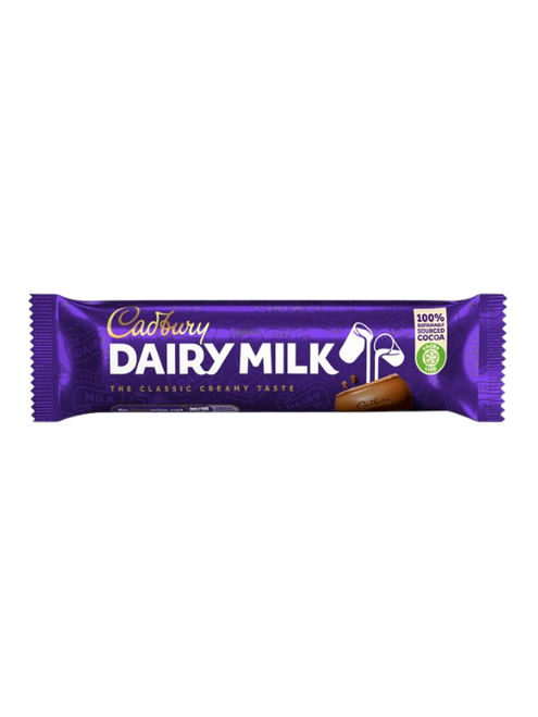 Cadbury Dairy Milk Bars – classic creamy milk chocolate made with a glass and a half of milk. Vegetarian-friendly 45 g bars. Cadbury Dairy Milk Bars – classic creamy milk chocolate made with a glass and a half of milk. Vegetarian-friendly 45 g bars.