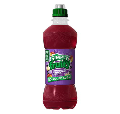Simply Fruity Blackcurrant & Apple 12 x 330 ml — low sugar still drink with blackcurrant & apple juice. No artificial colours or preservatives, sports cap bottles.