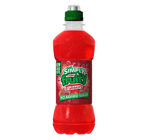 Simply Fruity Strawberry 12 x 330 ml — low sugar strawberry-flavoured still drink. No artificial colours or preservatives, sports cap bottles, bulk case.