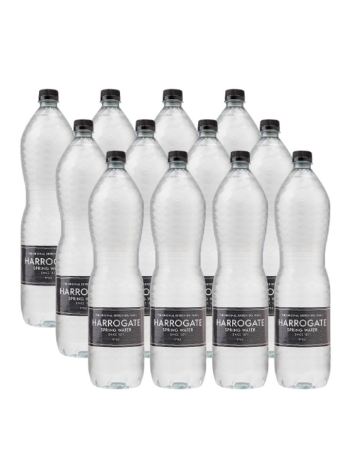 Harrogate Still Spring Water – pure British spring water from the original Harrogate Spa. Naturally filtered, crisp, and smooth. 12 × 1.5 L recyclable bottles.