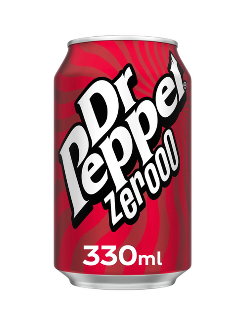Dr Pepper Zero – same bold fruity-spice flavour, zero sugar. Gluten-free, vegetarian & recyclable 330 ml cans.