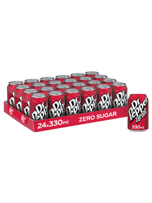 Dr Pepper Zero – same bold fruity-spice flavour, zero sugar. Gluten-free, vegetarian & recyclable 330 ml cans.