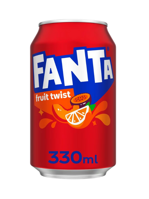 Fanta Fruit Twist Cans 24 × 330 ml — sparkling tropical fruit drink made with orange, peach & passion fruit juice. Bright, fizzy and refreshingly fruity.