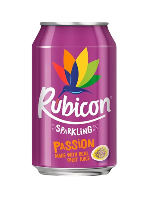 Rubicon Sparkling Passion Fruit 24 x 330 ml — tropical fizzy drink made with real passion fruit juice. Sweet, refreshing, and vegan friendly.