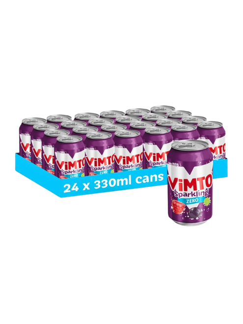 Vimto Fizzy Zero (24 x 330 ml) — sparkling sugar-free fruit drink with the iconic Vimto flavour.