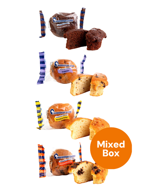 Mobberley Monster Muffins Assorted Box (Double Chocolate, Chocolate Orange, Banana & Fudge, Cherry, Blueberry, Toffee & Fudge) 135g x 24