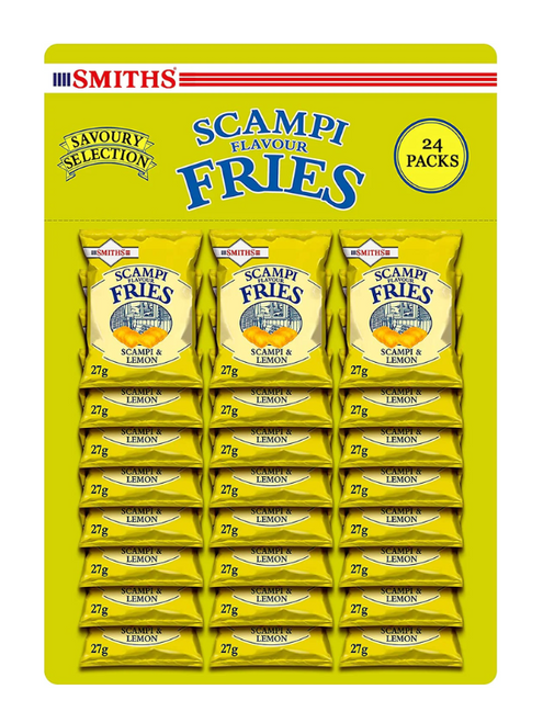 Smiths Scampi Fries 24 x 24g (Pub Card Packs) deliver tangy, seafood-inspired scampi flavour in a crunchy, convenient single-serve pack. Perfect for lunchboxes, parties, offices, or retail resale. Smiths Scampi Fries 24 x 24g (Pub Card Packs) deliver tangy, seafood-inspired scampi flavour in a crunchy, convenient single-serve pack. Perfect for lunchboxes, parties, offices, or retail resale.