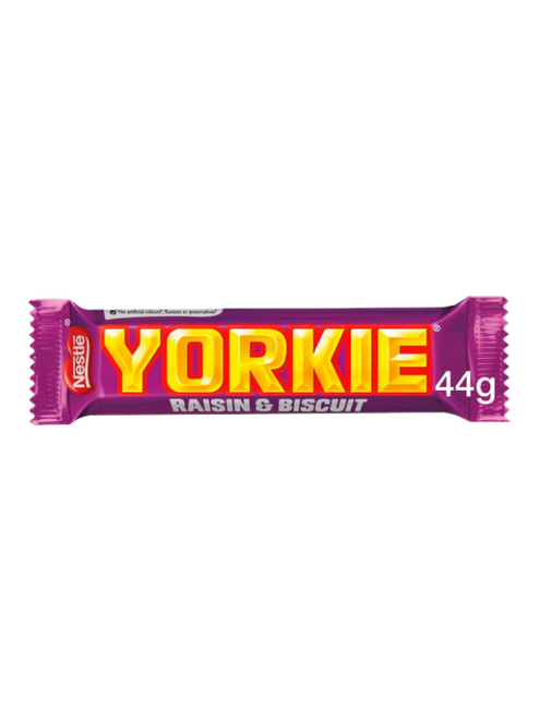 Chunky Yorkie bar with raisins and biscuits in milk chocolate — sweet, chewy, and crunchy.