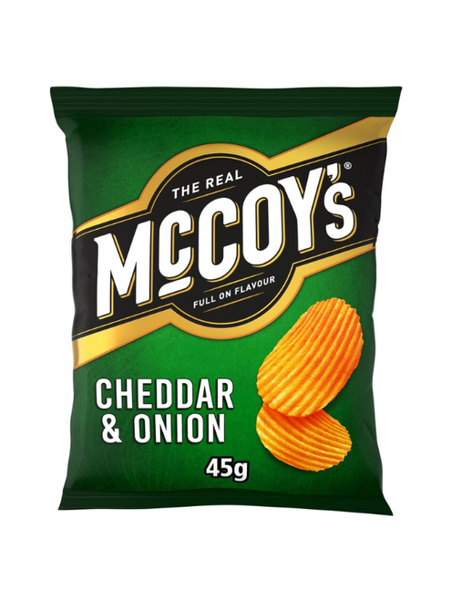 Bold cheddar cheese & sharp onion flavour on crispy ridge‑cut potatoes — creamy, savoury treat.