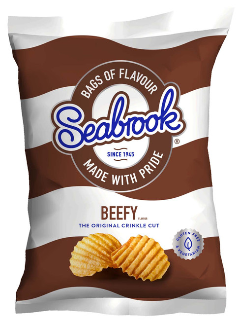 Seabrook Crisps Beefy are thick-cut, hand-cooked potato crisps with bold, savoury beef flavour. Gluten-free, vegetarian, and perfect for snacking, lunchboxes, or sharing.