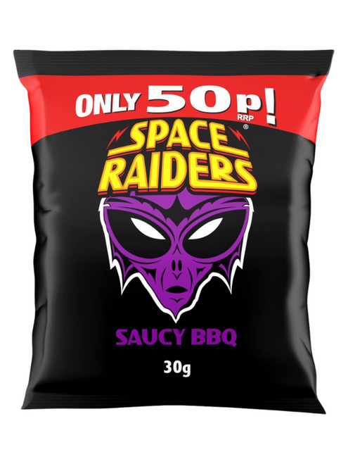 Space Raiders Saucy BBQ Crisps 36 x 25g (Price Marked) deliver crunchy, smoky, and tangy BBQ-flavoured crisps in fun alien shapes. Perfect for parties, schools, offices, or retail resale.