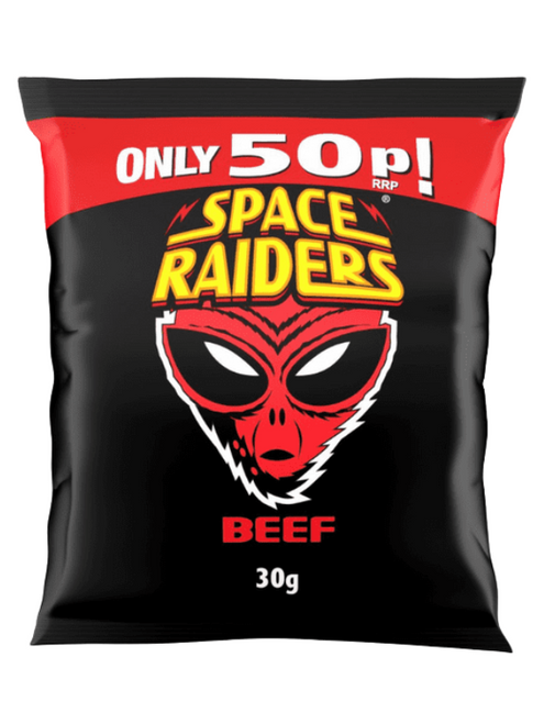 Space Raiders Beef Crisps 36 x 25g (Price Marked) deliver crunchy, bold, meaty-flavoured crisps in fun alien shapes. Perfect for parties, schools, offices, or retail resale.