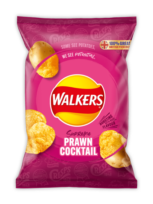 Tangy prawn cocktail seasoning on crisp British potatoes — savoury, zesty snack.