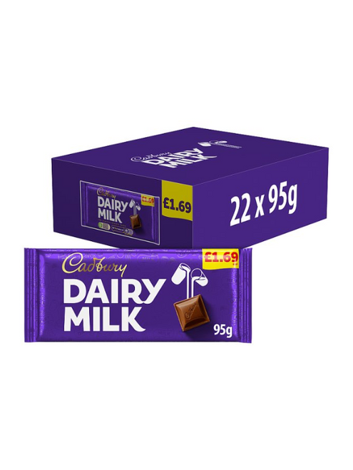 Cadbury Dairy Milk Block (Price Marked) – smooth milk chocolate made with a glass and a half of milk. 22 × 95 g bars, vegetarian-friendly, perfect for retail.