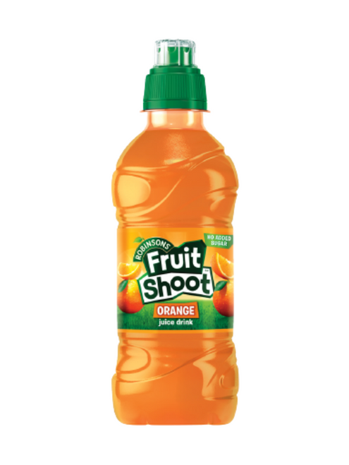Robinsons Fruit Shoot Low Sugar Orange 24 x 275 ml — made with real orange juice, no added sugar, and sports cap bottles. Low calorie kids’ drink, wholesale case.
