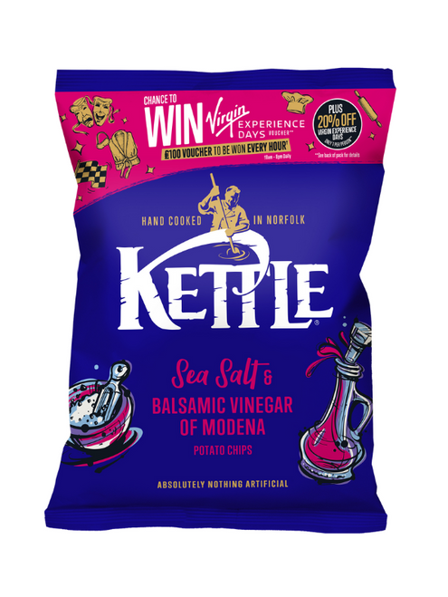 Kettle Chips Sea Salt & Balsamic Vinegar are hand-cooked crisps with a crunchy texture, tangy balsamic vinegar, and natural sea salt. Gluten-free, vegetarian, and packed with bold flavour.