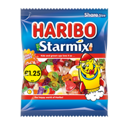 Haribo Starmix Sharing Bags (Price Marked) 12 x 140 g — the UK’s favourite gummy mix, with fried eggs, bears, rings, cola bottles, and hearts. Haribo Starmix Sharing Bags (Price Marked) 12 x 140 g — the UK’s favourite gummy mix, with fried eggs, bears, rings, cola bottles, and hearts.