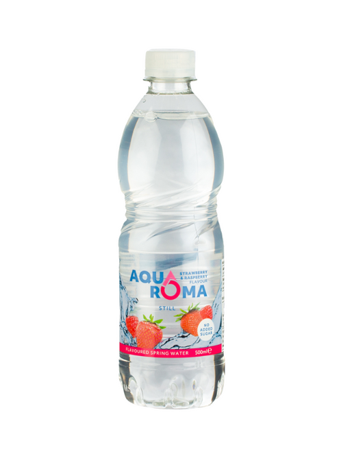 Aquaroma Strawberry & Raspberry Flavoured Water 12 x 500 ml — sugar-free still water with a sweet berry taste. Refreshing, low-calorie, and great value.