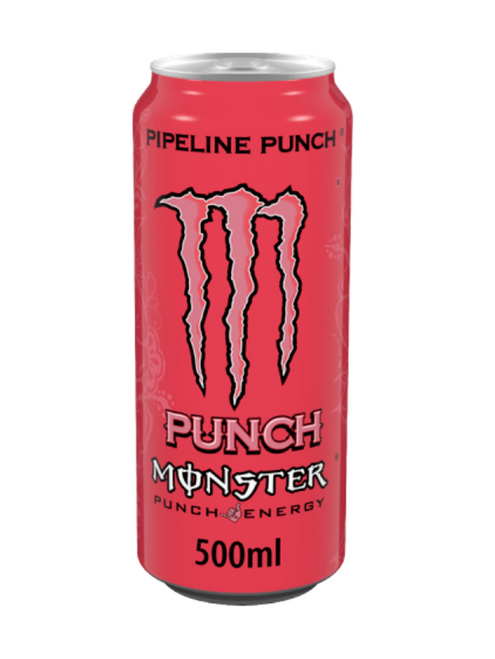 Monster Energy Pipeline Punch 12 x 500 ml — tropical punch flavour with passionfruit, orange & guava. Real juice, high caffeine, taurine & B-vitamins. Bulk case in stock.