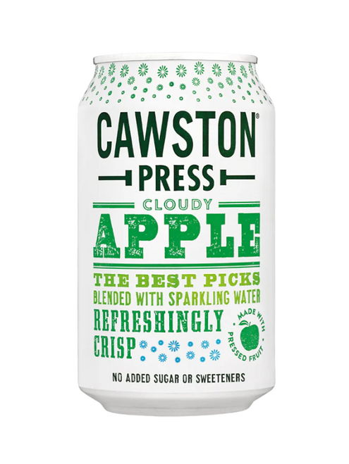 Cawston Press Cloudy Apple 24 x 330 ml — sparkling pressed apple juice drink. Naturally crisp, vegan friendly, and free from artificial sweeteners.