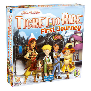 Board game box featuring game title and train illustration. Board game box featuring game title and train illustration.