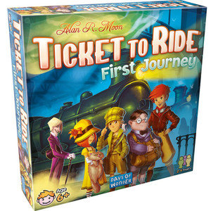 Board game box featuring game title and train illustration. Board game box featuring game title and train illustration.