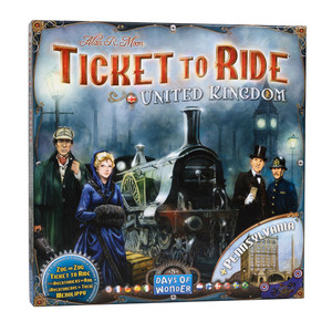 Board game box featuring game title and train illustration.